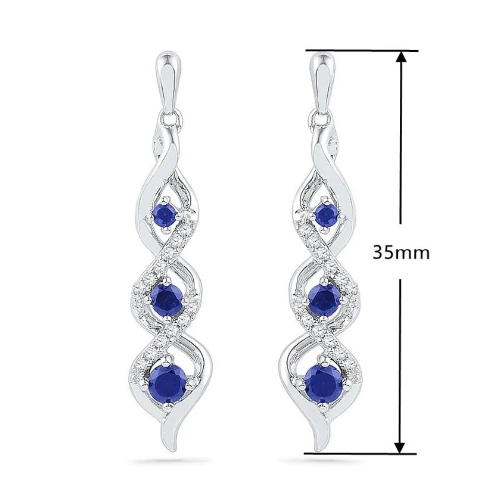 New Beautiful Sterling Silver Blue White Sapphires Drop Earrings - Picture 2 of 3
